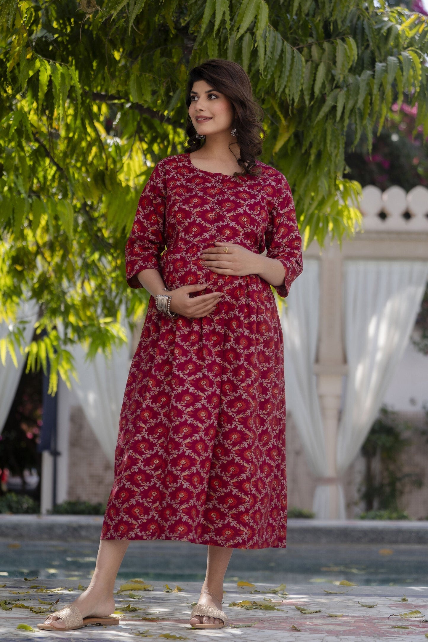 Women Burgundy Printed Maternity Dress | LASVINI - Redefining Indian Fashion with Elegance