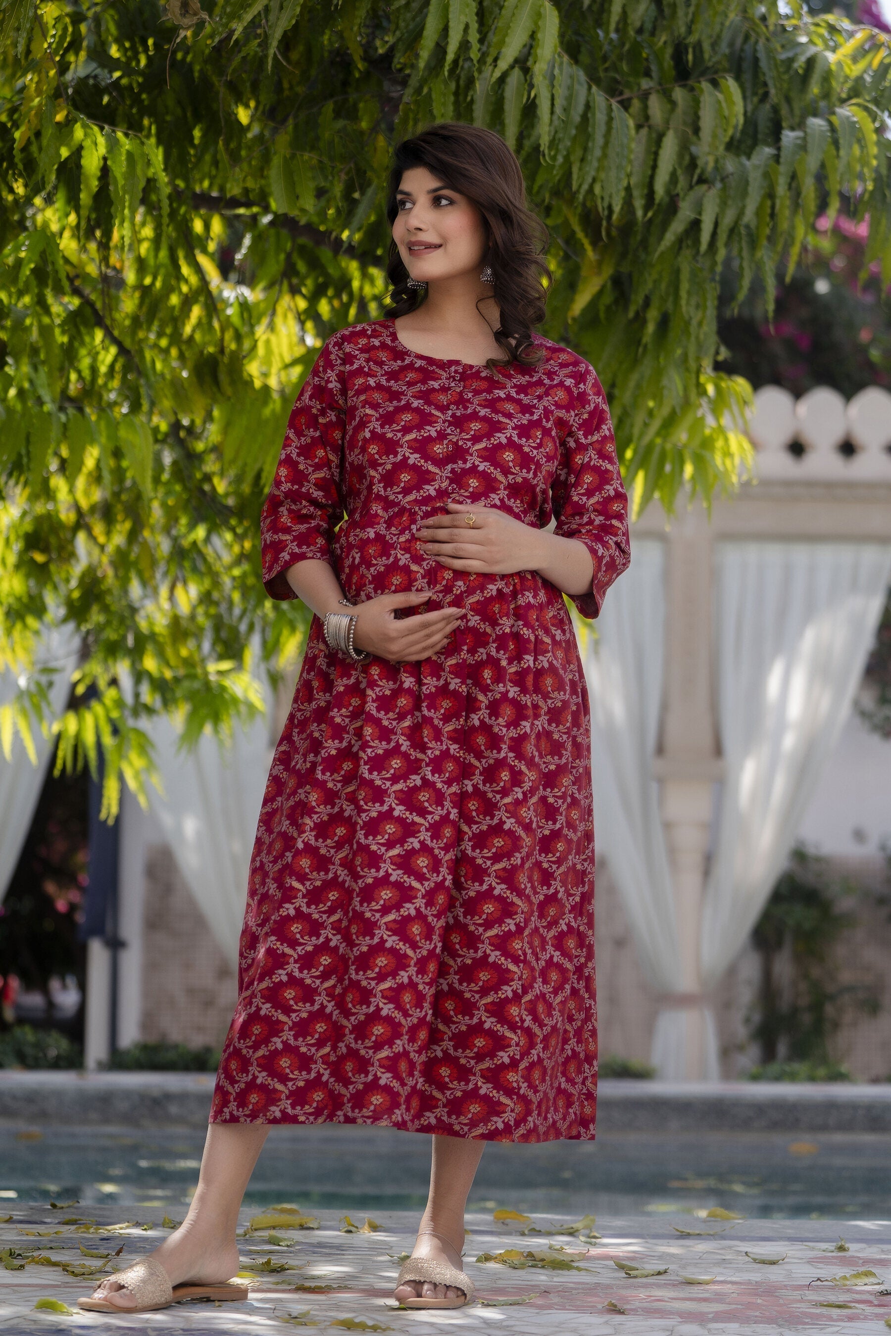 Women Burgundy Printed Maternity Dress | LASVINI - Redefining Indian Fashion with Elegance