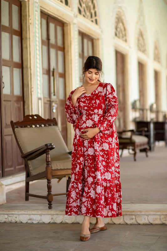 Women Red Printed Flared Maternity Dress | LASVINI - Redefining Indian Fashion with Elegance