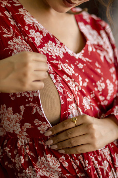 Women Red Printed Flared Maternity Dress | LASVINI - Redefining Indian Fashion with Elegance
