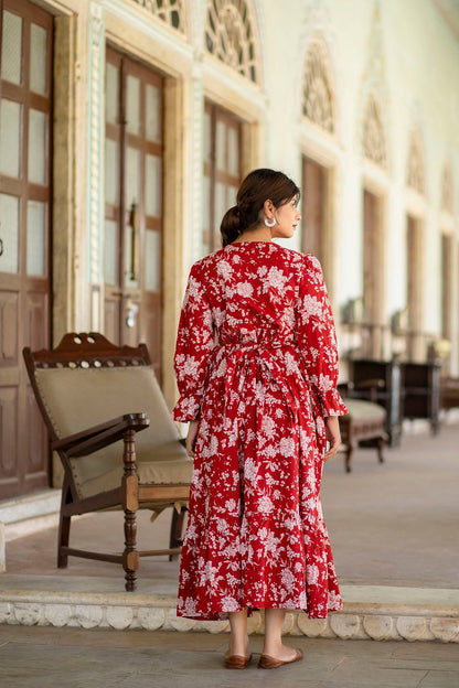 Women Red Printed Flared Maternity Dress | LASVINI - Redefining Indian Fashion with Elegance