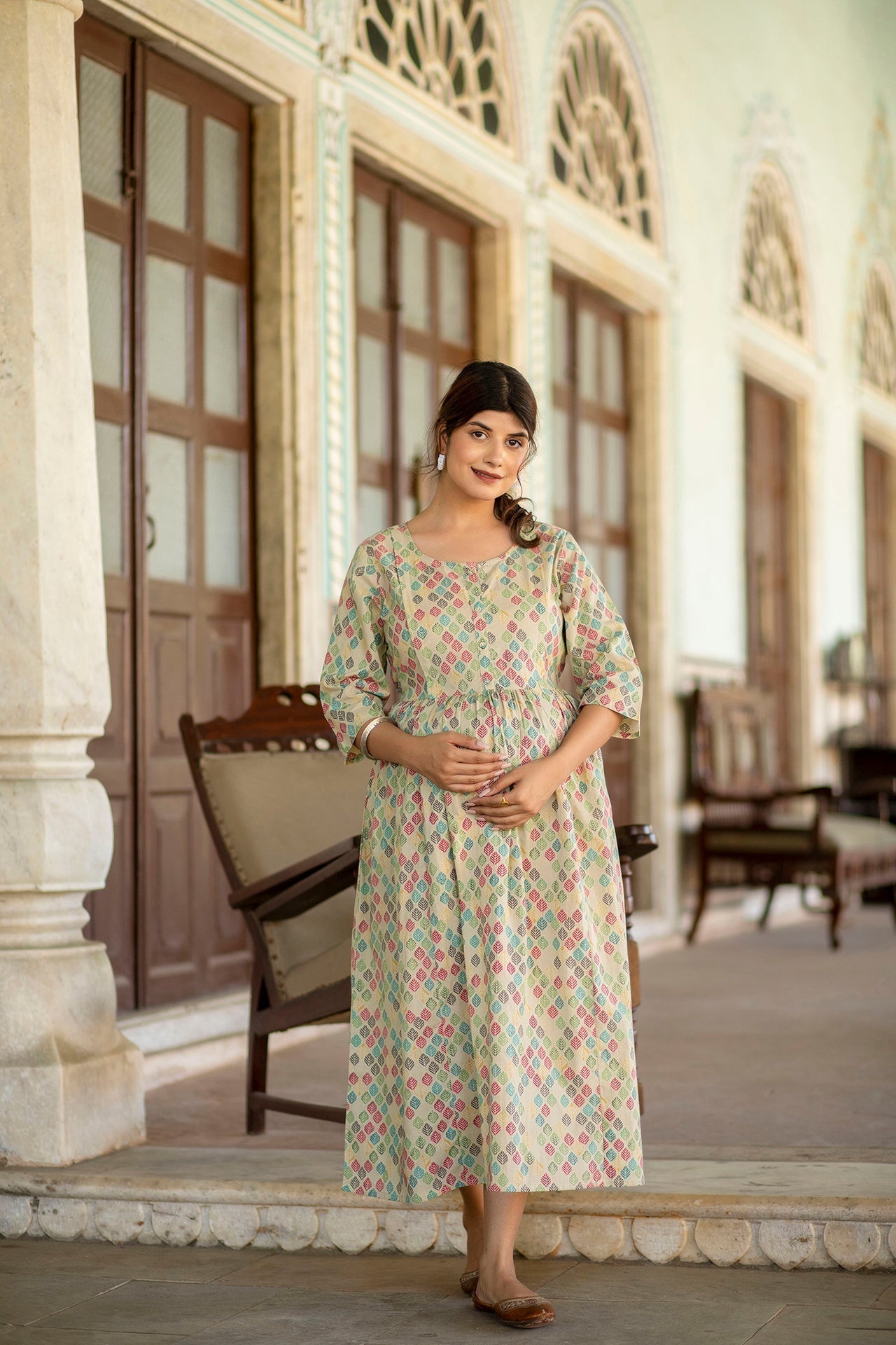 Women Beige Printed Flared Maternity Dress | LASVINI - Redefining Indian Fashion with Elegance