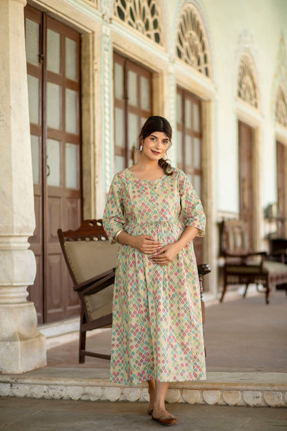 Women Beige Printed Flared Maternity Dress | LASVINI - Redefining Indian Fashion with Elegance