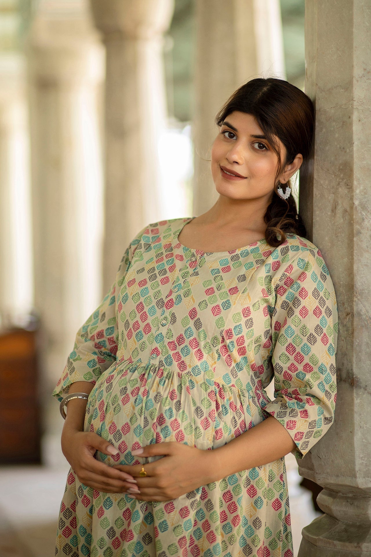 Women Beige Printed Flared Maternity Dress | LASVINI - Redefining Indian Fashion with Elegance