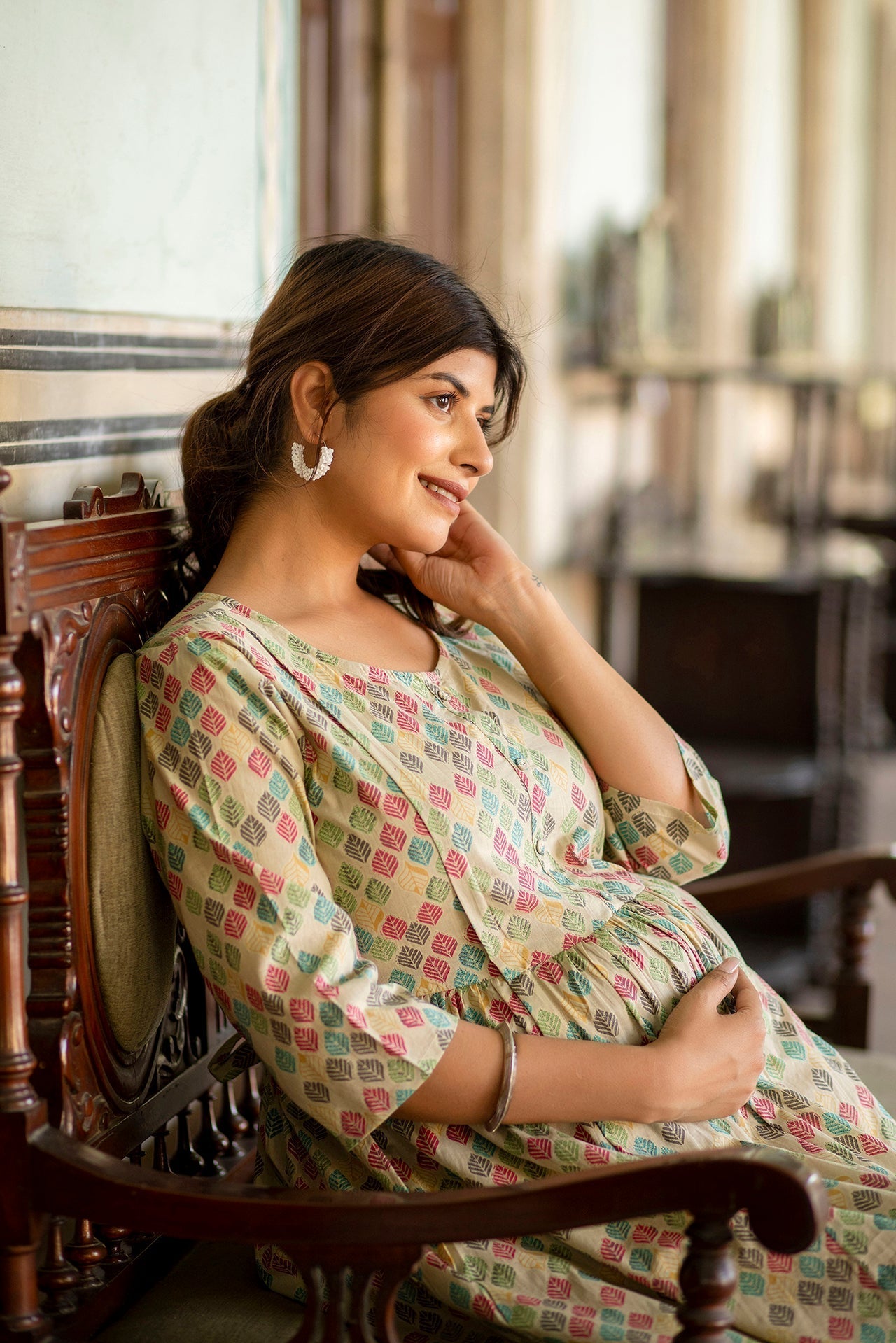 Women Beige Printed Flared Maternity Dress | LASVINI - Redefining Indian Fashion with Elegance