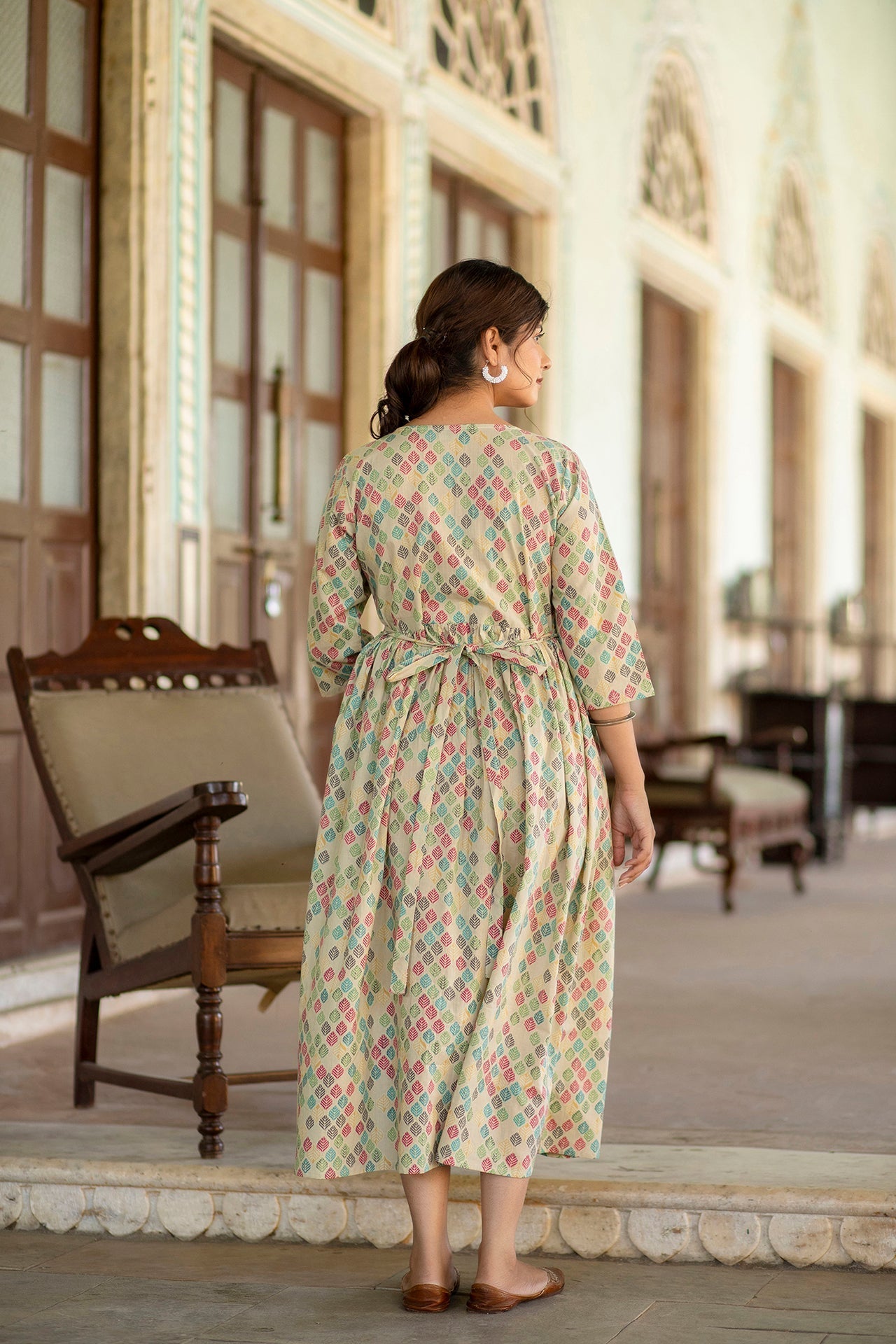 Women Beige Printed Flared Maternity Dress | LASVINI - Redefining Indian Fashion with Elegance