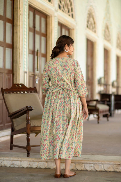 Women Beige Printed Flared Maternity Dress | LASVINI - Redefining Indian Fashion with Elegance