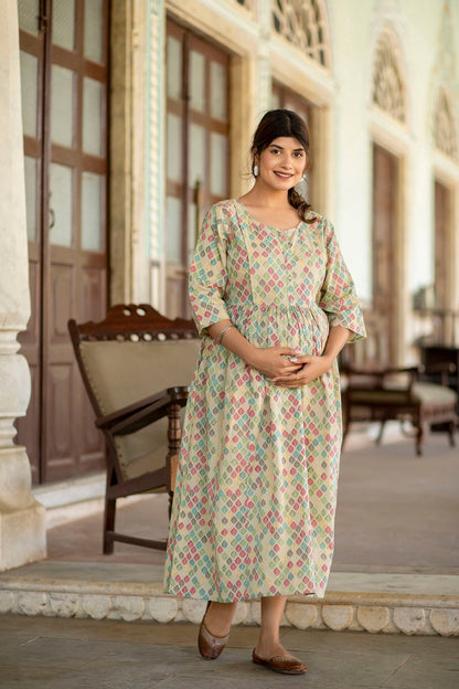 Women Beige Printed Flared Maternity Dress | LASVINI - Redefining Indian Fashion with Elegance