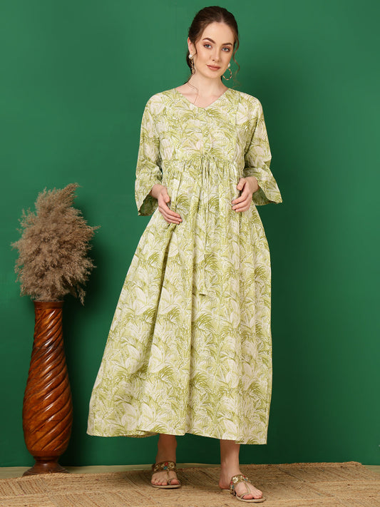 Women Green Printed Flared Maternity Dress | LASVINI - Redefining Indian Fashion with Elegance