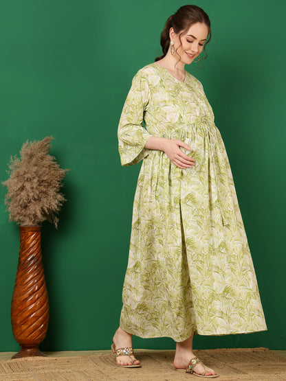 Women Green Printed Flared Maternity Dress | LASVINI - Redefining Indian Fashion with Elegance