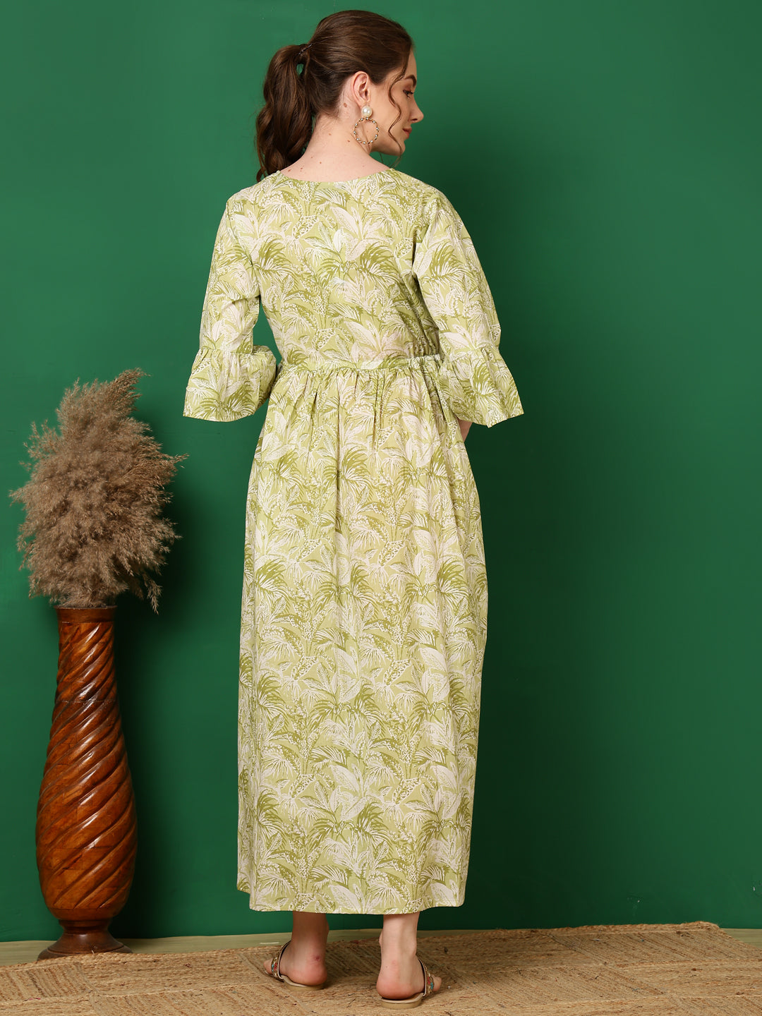 Women Green Printed Flared Maternity Dress | LASVINI - Redefining Indian Fashion with Elegance