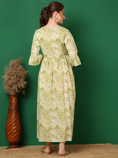 Women Green Printed Flared Maternity Dress | LASVINI - Redefining Indian Fashion with Elegance