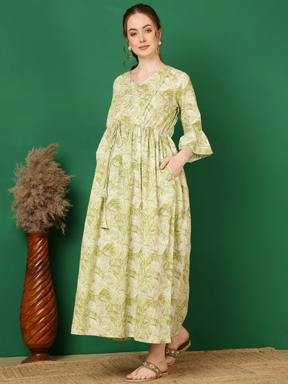 Women Green Printed Flared Maternity Dress | LASVINI - Redefining Indian Fashion with Elegance