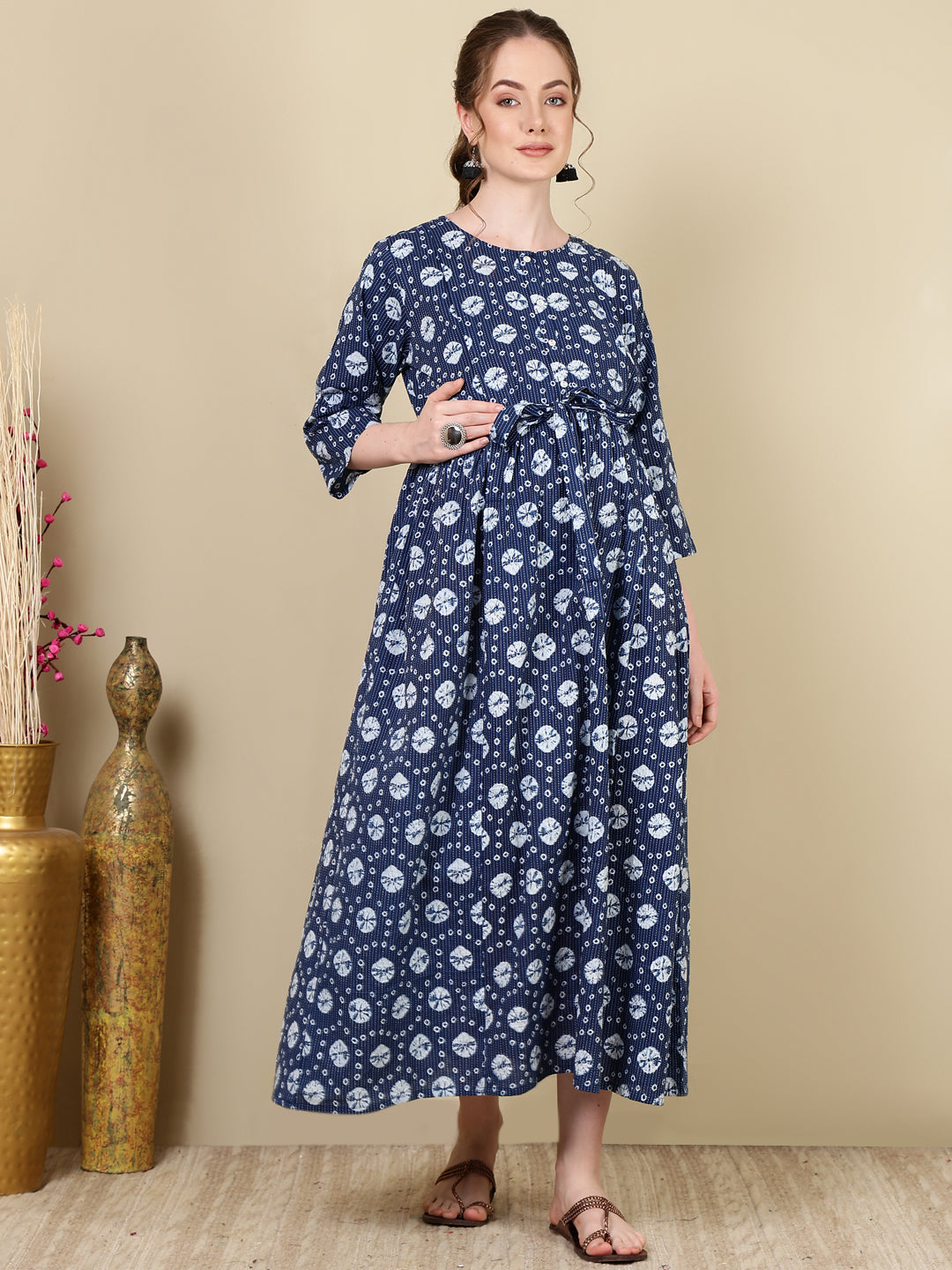 Women Navy Blue Printed Flared Maternity Dress | LASVINI - Redefining Indian Fashion with Elegance