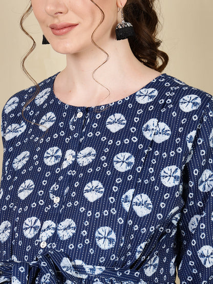 Women Navy Blue Printed Flared Maternity Dress | LASVINI - Redefining Indian Fashion with Elegance