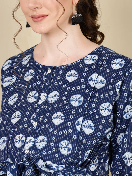 Women Navy Blue Printed Flared Maternity Dress | LASVINI - Redefining Indian Fashion with Elegance