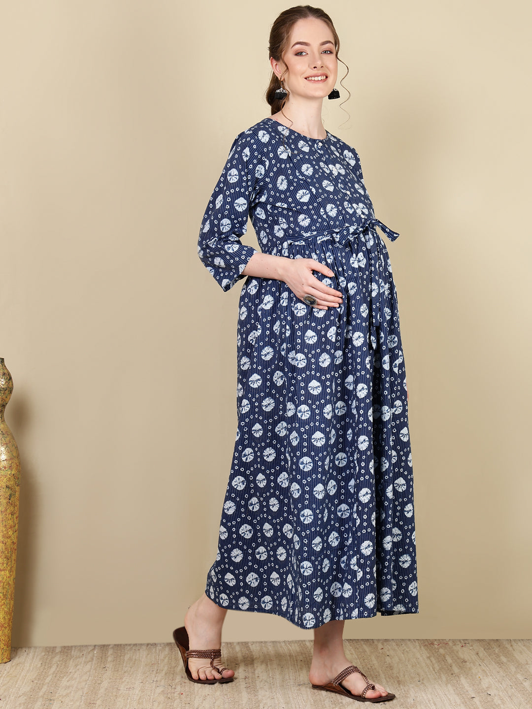 Women Navy Blue Printed Flared Maternity Dress | LASVINI - Redefining Indian Fashion with Elegance