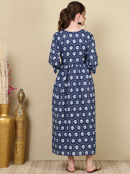 Women Navy Blue Printed Flared Maternity Dress | LASVINI - Redefining Indian Fashion with Elegance