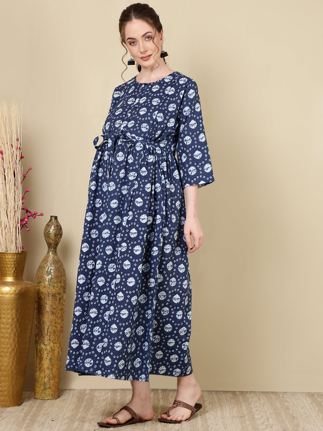 Women Navy Blue Printed Flared Maternity Dress | LASVINI - Redefining Indian Fashion with Elegance