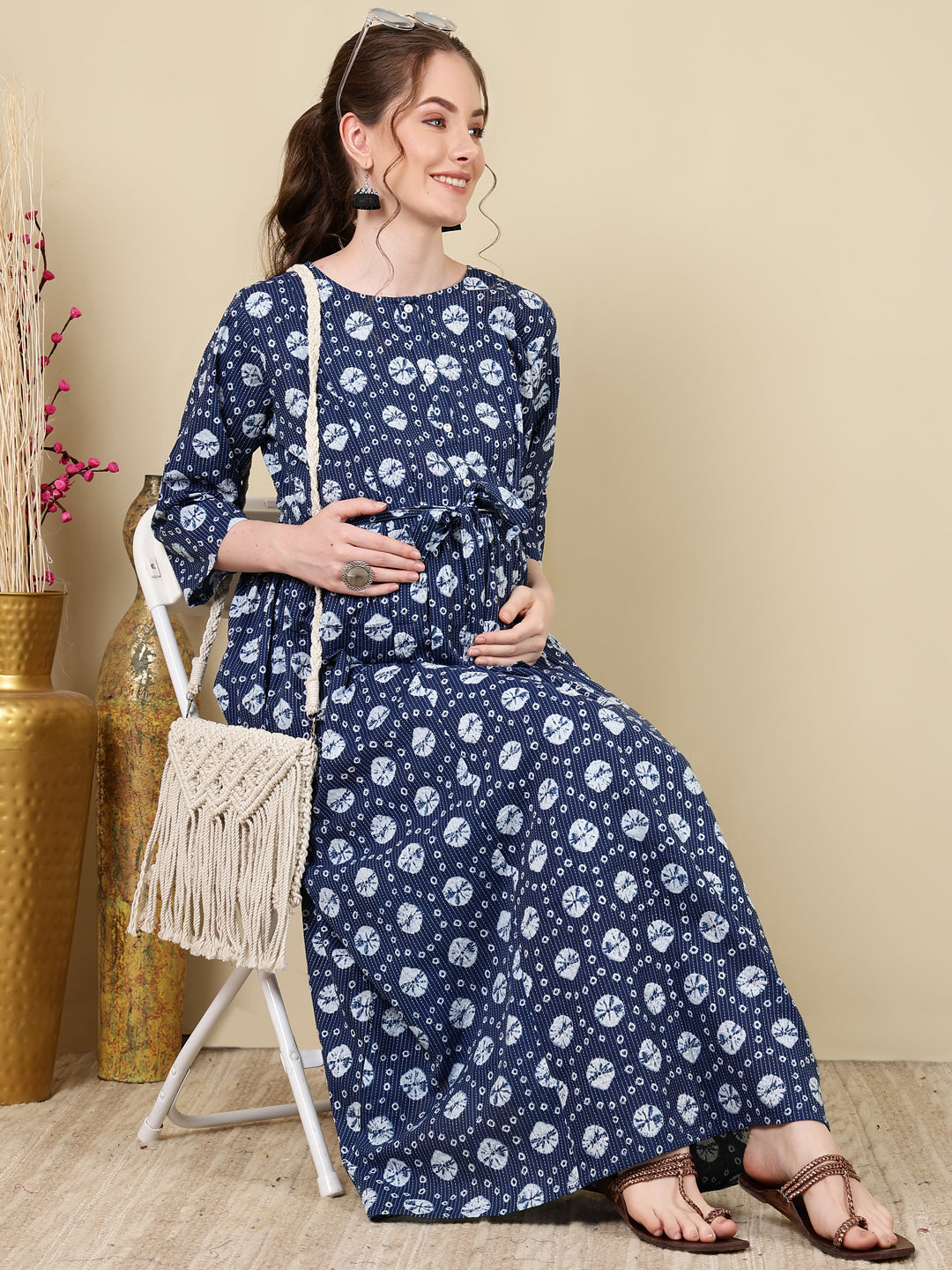 Women Navy Blue Printed Flared Maternity Dress | LASVINI - Redefining Indian Fashion with Elegance