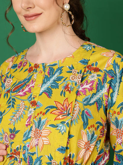 Women Yellow Printed Flared Maternity Dress | LASVINI - Redefining Indian Fashion with Elegance