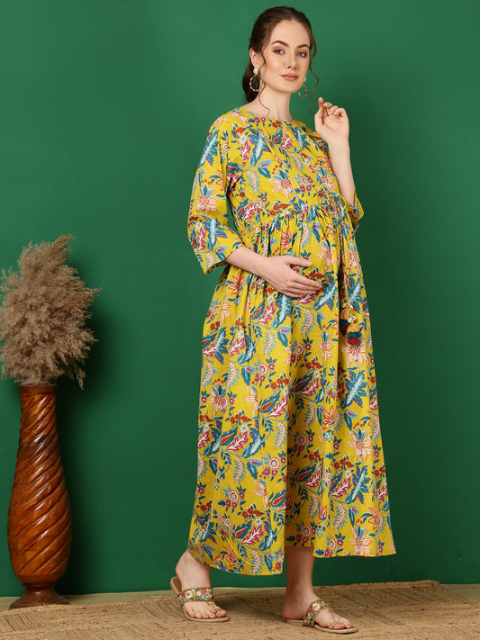 Women Yellow Printed Flared Maternity Dress | LASVINI - Redefining Indian Fashion with Elegance