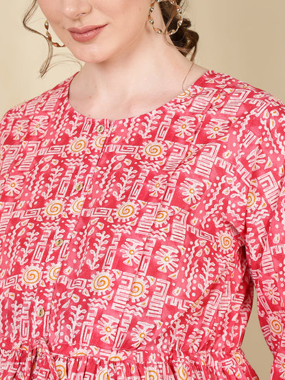 Women Pink Printed Flared Maternity Dress | LASVINI - Redefining Indian Fashion with Elegance