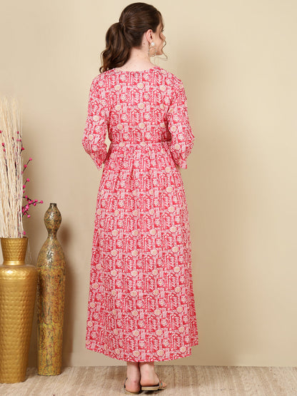 Women Pink Printed Flared Maternity Dress | LASVINI - Redefining Indian Fashion with Elegance