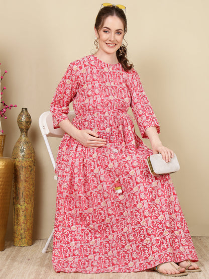 Women Pink Printed Flared Maternity Dress | LASVINI - Redefining Indian Fashion with Elegance