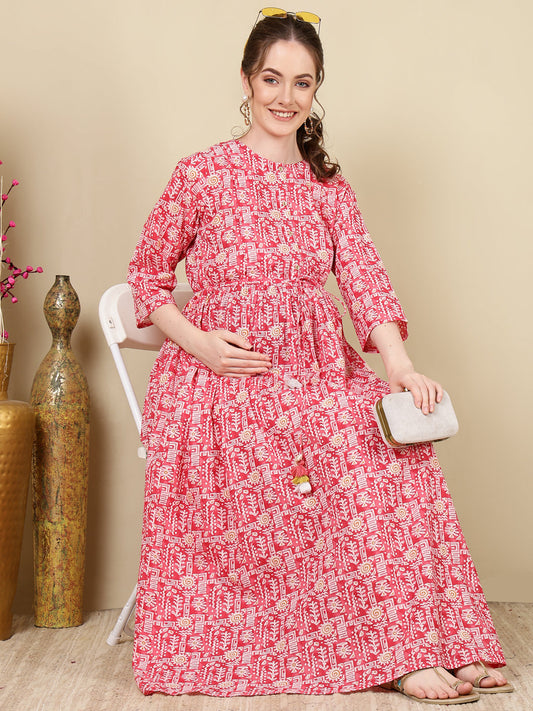 Women Pink Printed Flared Maternity Dress | LASVINI - Redefining Indian Fashion with Elegance