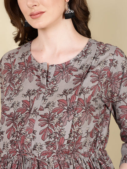 Women Grey Printed Flared Maternity Dress | LASVINI - Redefining Indian Fashion with Elegance