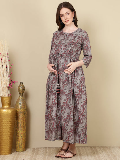 Women Grey Printed Flared Maternity Dress | LASVINI - Redefining Indian Fashion with Elegance