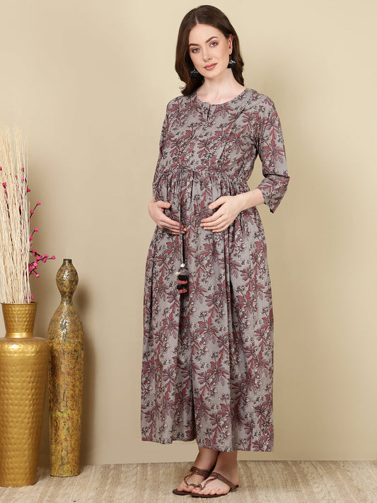 Women Grey Printed Flared Maternity Dress | LASVINI - Redefining Indian Fashion with Elegance