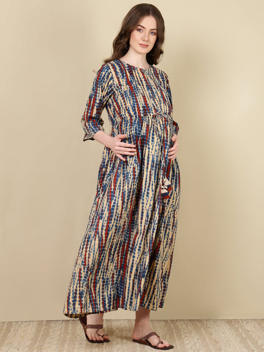 Women Multi Printed Flared Maternity Dress | LASVINI - Redefining Indian Fashion with Elegance