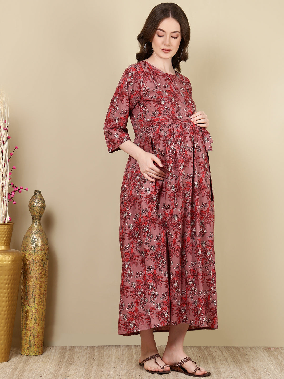 Women Mauve Floral Printed Flared Maternity Dress | LASVINI - Redefining Indian Fashion with Elegance