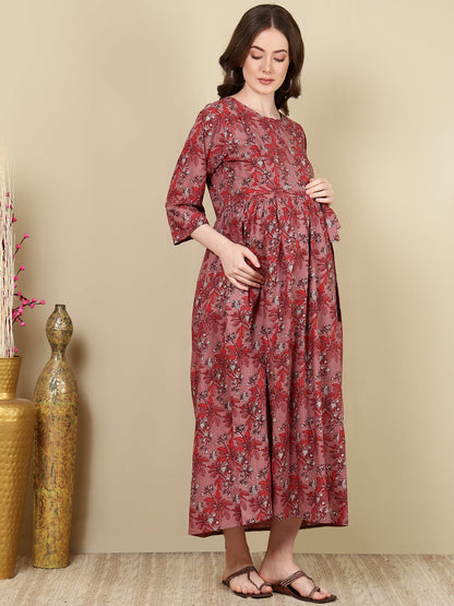 Women Mauve Floral Printed Flared Maternity Dress | LASVINI - Redefining Indian Fashion with Elegance