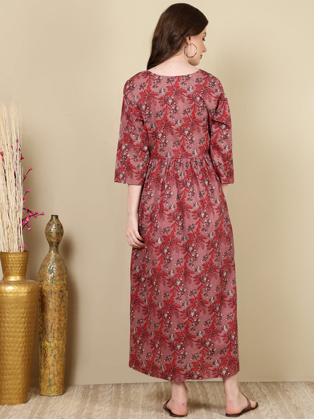 Women Mauve Floral Printed Flared Maternity Dress | LASVINI - Redefining Indian Fashion with Elegance