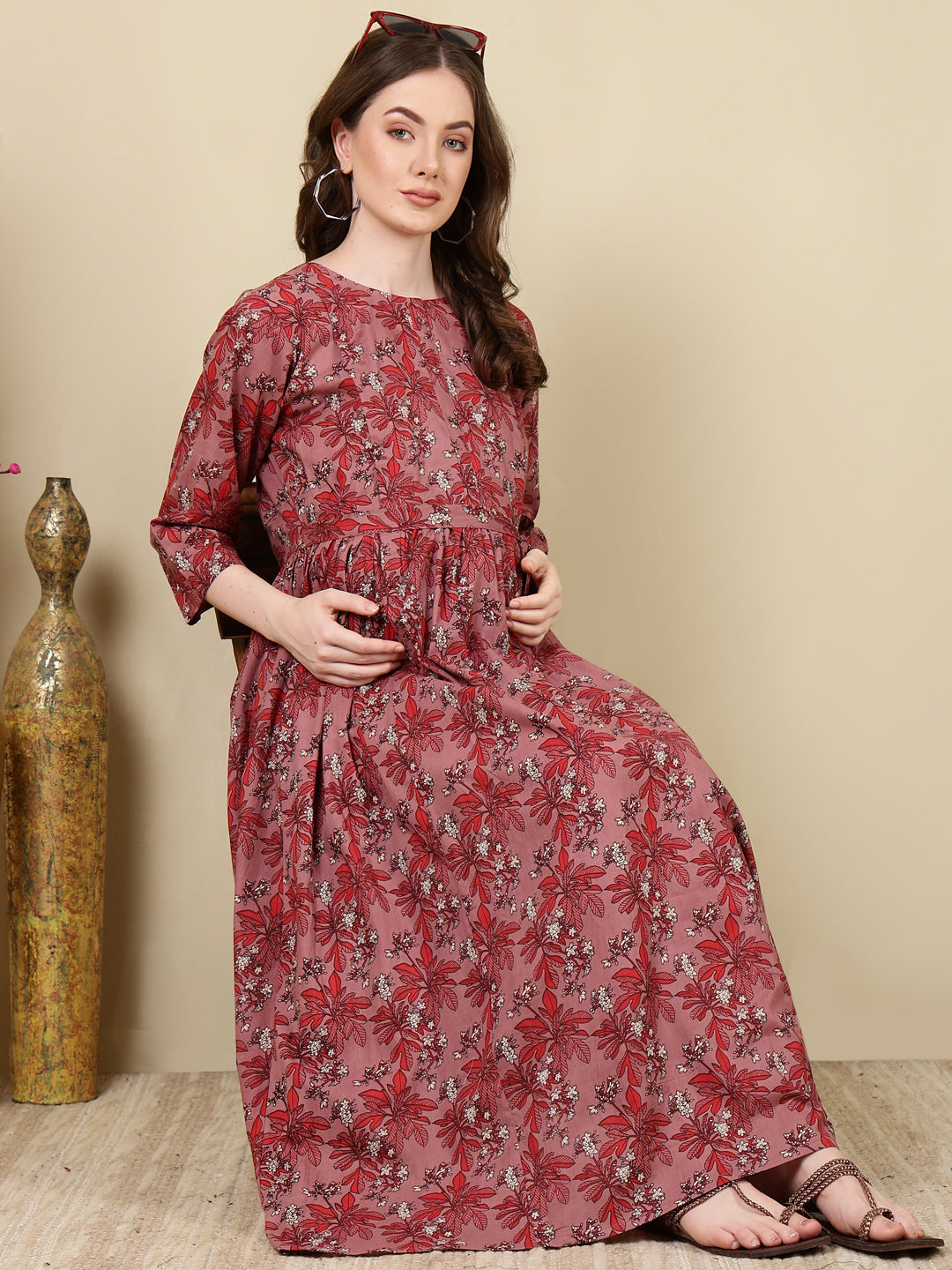 Women Mauve Floral Printed Flared Maternity Dress | LASVINI - Redefining Indian Fashion with Elegance