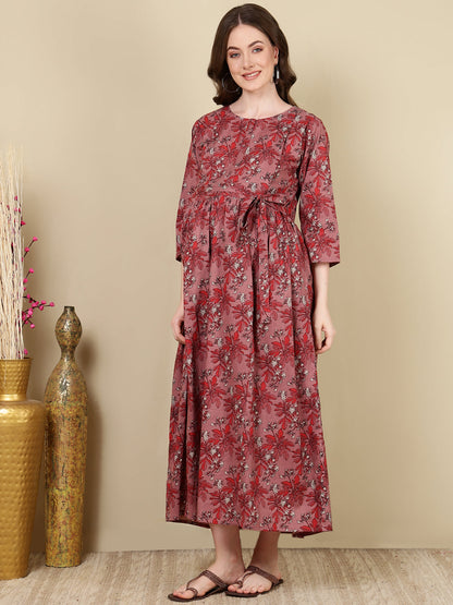 Women Mauve Floral Printed Flared Maternity Dress | LASVINI - Redefining Indian Fashion with Elegance
