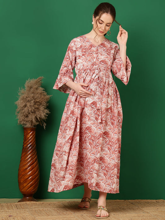 Women Mauve Floral Printed Flared Maternity Dress | LASVINI - Redefining Indian Fashion with Elegance