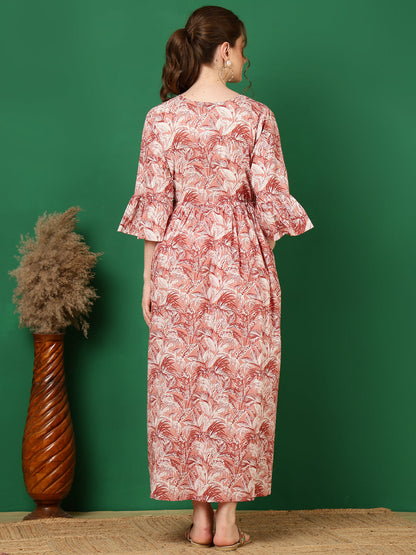 Women Mauve Floral Printed Flared Maternity Dress | LASVINI - Redefining Indian Fashion with Elegance