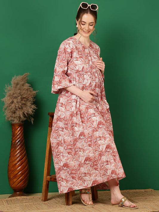 Women Mauve Floral Printed Flared Maternity Dress | LASVINI - Redefining Indian Fashion with Elegance
