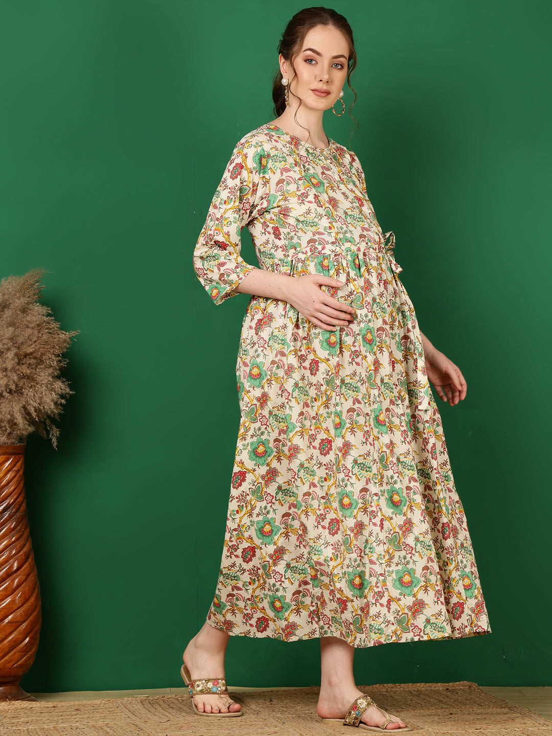 Women Off White Printed Flared Maternity Dress | LASVINI - Redefining Indian Fashion with Elegance