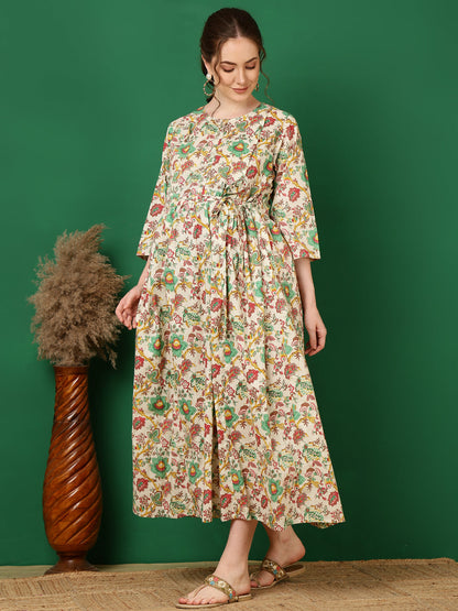 Women Off White Printed Flared Maternity Dress | LASVINI - Redefining Indian Fashion with Elegance