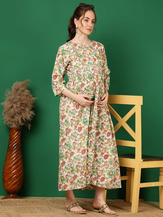 Women Off White Printed Flared Maternity Dress | LASVINI - Redefining Indian Fashion with Elegance