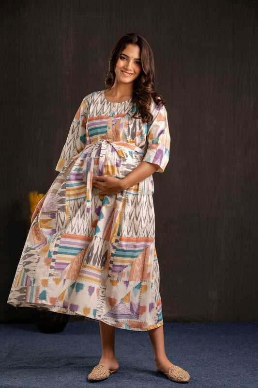 Women Multi Printed Flared Maternity Dress | LASVINI - Redefining Indian Fashion with Elegance