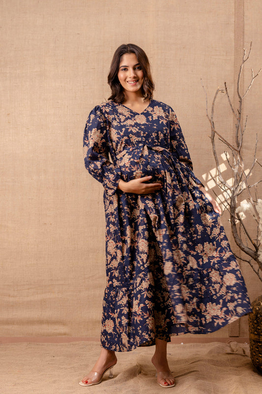 Women Navy Blue Printed Flared Maternity Dress | LASVINI - Redefining Indian Fashion with Elegance