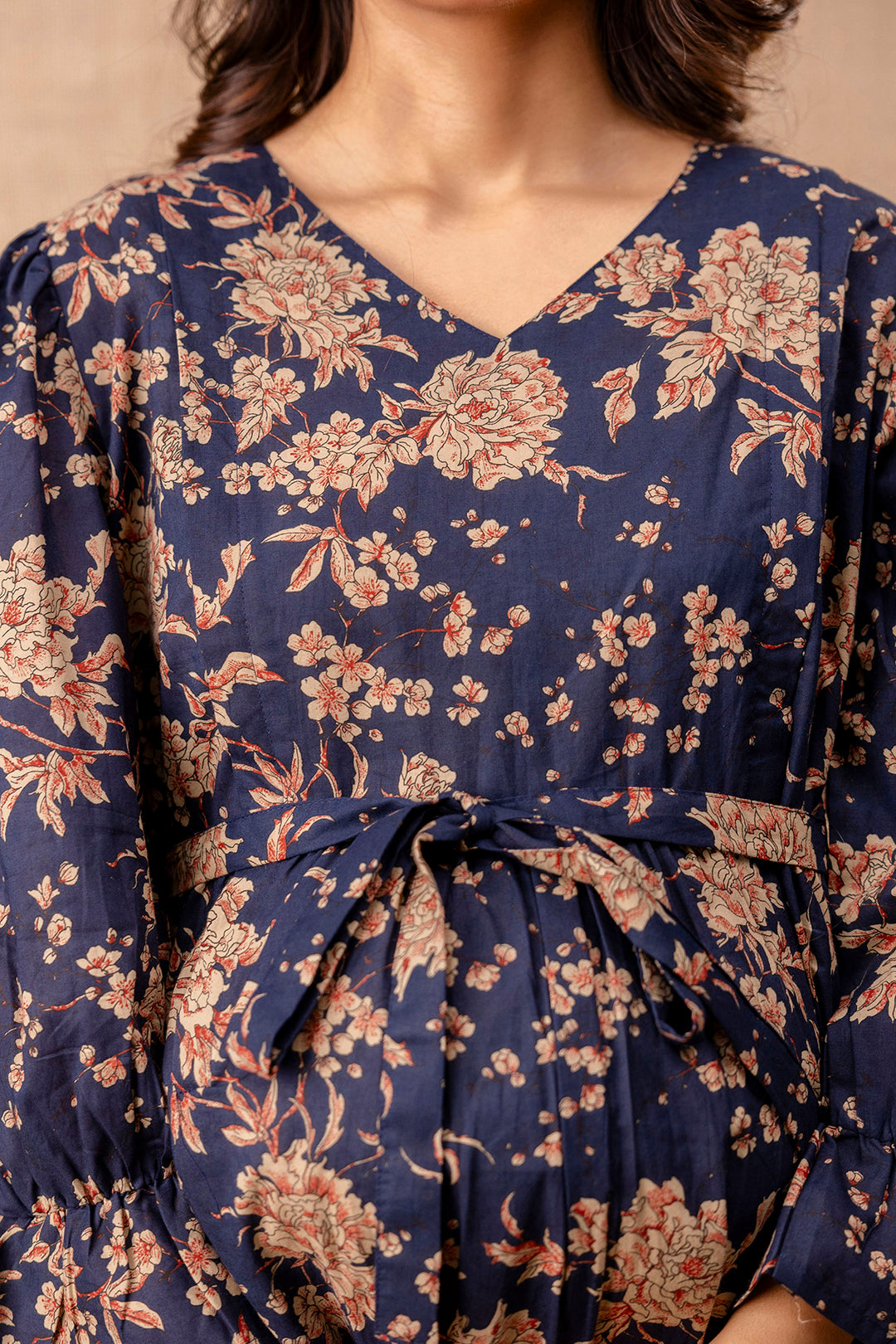 Women Navy Blue Printed Flared Maternity Dress | LASVINI - Redefining Indian Fashion with Elegance