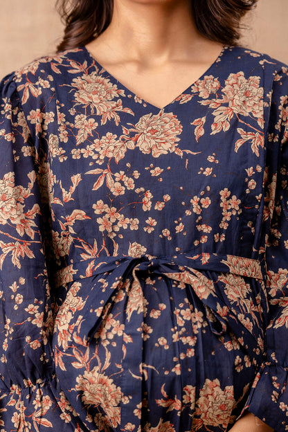 Women Navy Blue Printed Flared Maternity Dress | LASVINI - Redefining Indian Fashion with Elegance