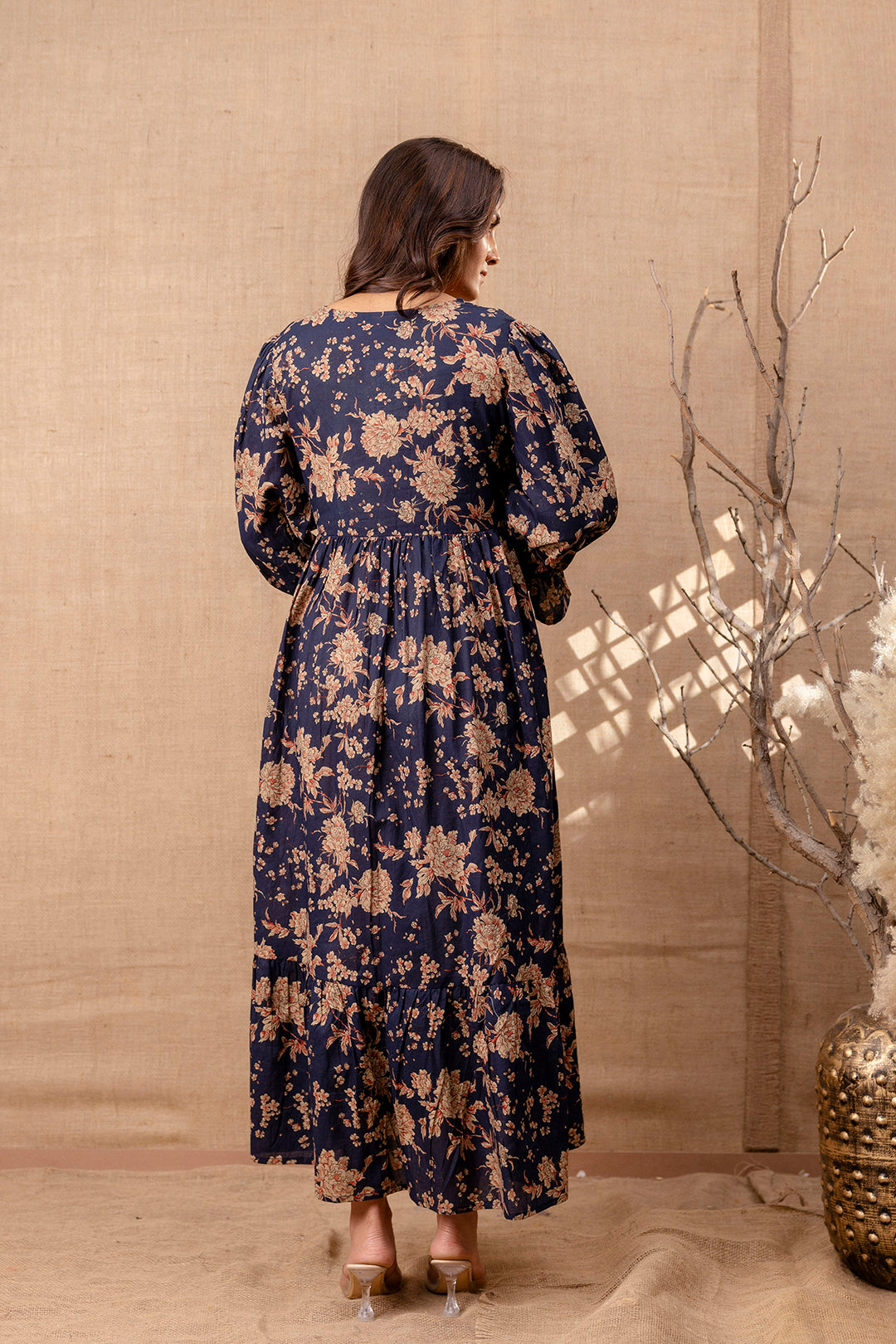 Women Navy Blue Printed Flared Maternity Dress | LASVINI - Redefining Indian Fashion with Elegance